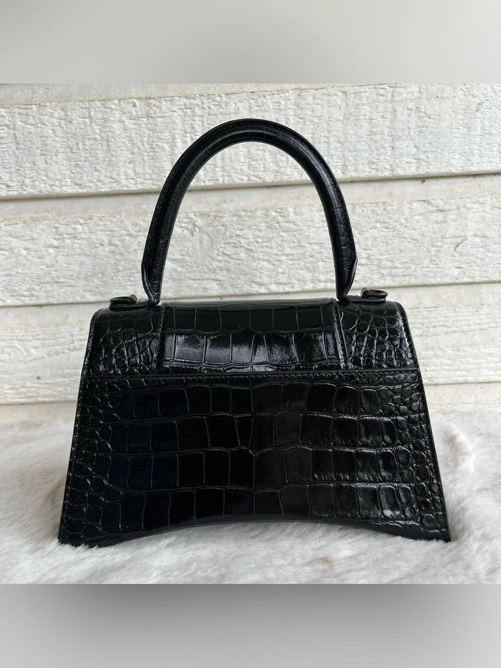 BALENCIAGA Black Croc Hourglass Mini Baguette Crossbody Flap Top Handle Handbag